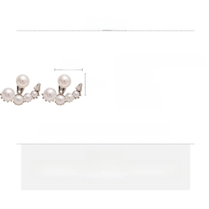 Detail showing 2.6x1.9cm asymmetric rhinestone and pearl earrings with size dimensions