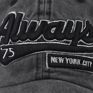 Detailed macro shot of 3D Always '75 embroidery on washed cotton baseball cap