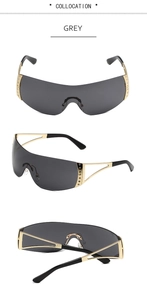Macro detail of rimless Y2K grey shield sunglasses with gold metal accents and sleek black temples
