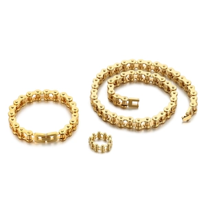 Men's hip-hop gold stainless steel jewelry set featuring bike chain style necklace and bracelet