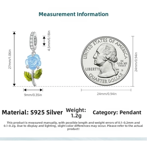 Size specifications of S925 silver blue rose pendant with US quarter coin for scale