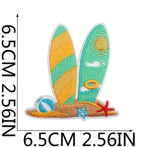 Summer surfboards and beach embroidery patch with sun and starfish on white background