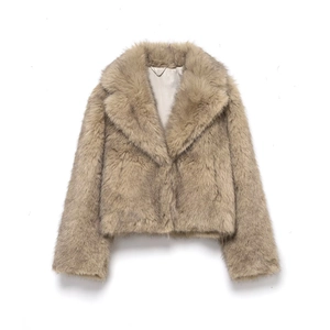 Faux Fur Short Coat Lapel Collar Long Sleeve Warm Winter Jacket Fashion Casual Solid Color Women