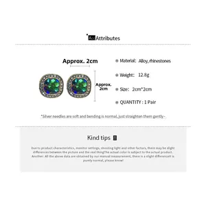 Vue détaillée montrant les dimensions et le poids de boucles d'oreilles carrées