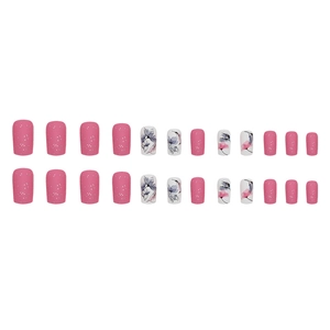 Set of 24 square matte press-on nails with pink glitter and purple floral patterns