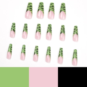 Long coffin press-on nails featuring green tiger stripes and pink French design