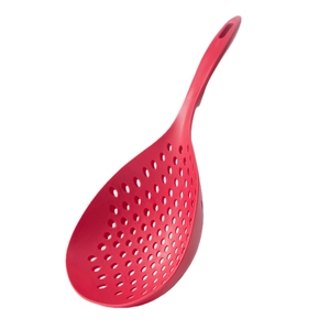 Red nylon dumpling strainer with long handle for draining noodles and vegetables