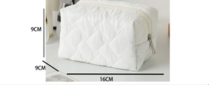 Detailed size measurement diagram showing 16x9x9cm for white quilted cosmetic bag