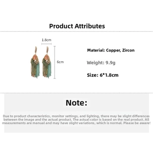 Detailed size specifications for vintage teardrop zircon tassel earrings in copper and gold
