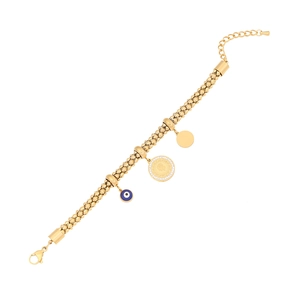 Gold stainless steel beaded bracelet featuring evil eye and coin charms on white background