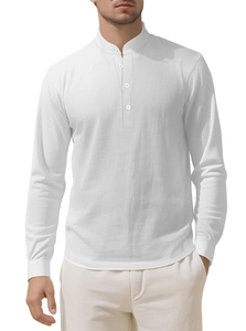 Detailed macro view of white linen long sleeve shirt fabric texture and collar stitching
