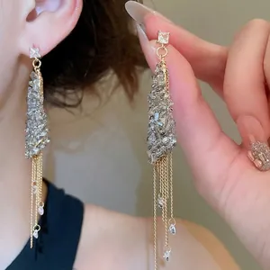 Elegant gold fringe earrings with square zircon crystal tassel and grey stone inlay