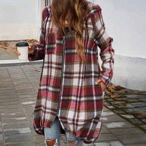 Women's long oversized hooded plaid jacket with full zipper in color block pattern