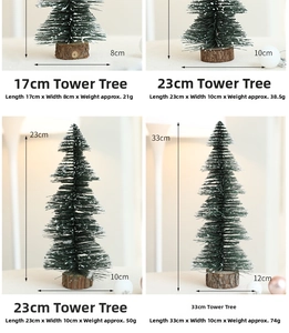 Detailed size comparison of mini snow-tipped Christmas trees with natural wood bases