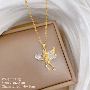 Detail of golden cupid pendant with heart stone featuring dimensions and weight parameters