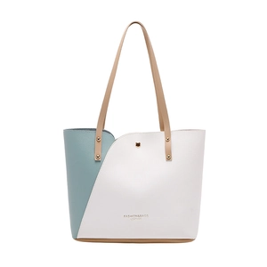Minimalist bicolor tote bag in white and grey-blue leather with brown shoulder straps