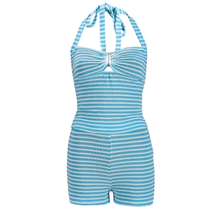 Close-up of blue and white striped knit halter top with metal buckle and cutout detail