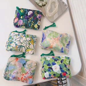 Floral Oil Painting Cotton Coin Purse Mini Canvas Storage Pouch Zipper Small Makeup Bag For Lipstick Earphone Women