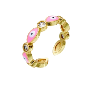 Close-up of pink enamel evil eye ring with 18K gold plating and sparkling zircon stones