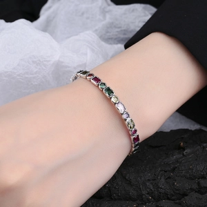 French vintage silver cuff bracelet featuring irregular geometric rainbow zircon stones