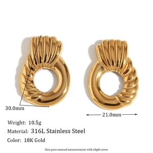 French style 18K gold plated stainless steel diagonal textured shell hoop earrings
