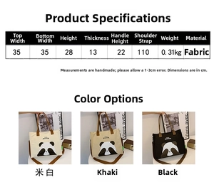 Detailed size specification chart for a large capacity panda canvas shoulder bag