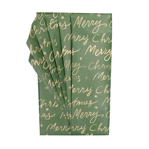Green Christmas gift wrapping paper roll with gold Merry Christmas print and star patterns