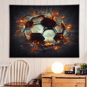 Detailed wall hanging fabric showing dynamic fire soccer design in a modern room setup