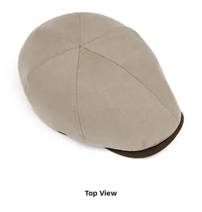 Top view of retro khaki and brown contrast flat cap with durable canvas texture