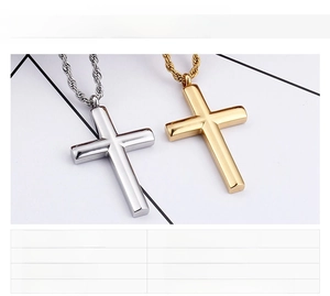 Detailed comparison of steel and 18K gold plated cross necklaces with specs and dimensions