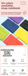 Dettaglio ravvicinato della copertina in pelle PU e dell'elastico dei taccuini formato A5