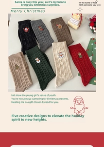 Close-up of festive Christmas socks with detailed snowman and reindeer embroidery