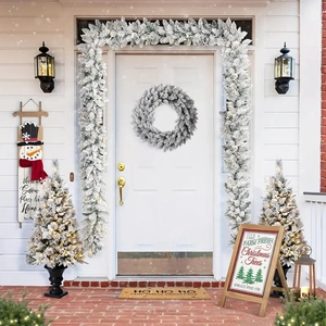 Christmas porch decor set with flocked wreaths, mini trees and festive welcome mats