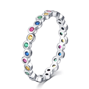 Rainbow Eternity Ring Colorful Zircon Inlaid Copper Band Minimalist Korean Style Finger Jewelry Women