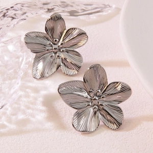 Elegant silver stainless steel flower stud earrings with detailed radial petal textures