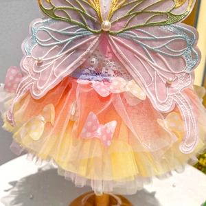 Detailed view of dog princess dress featuring embroidery, pearls and multi-layer mesh gauze