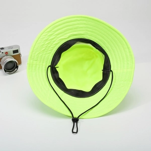 Neon green high visibility sun hat with large brim and adjustable chin strap for work
