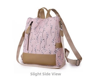 Detailansicht des rosa Oxford-Rucksacks mit Blumenmuster und khakifarbenem Kunstlederbesatz