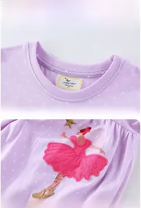 Détail d'une robe en coton à pois violets avec broderie ballerine et encolure ronde