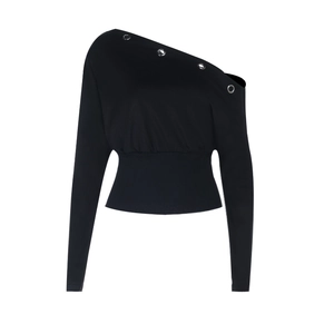 Detail of off-shoulder black sweatshirt with silver eyelets and ribbed waist design