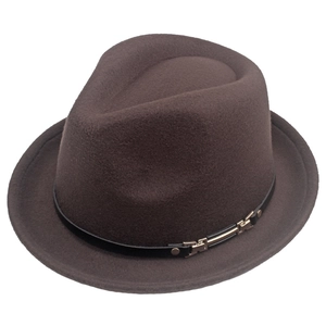 Detail of dark brown wool felt fedora with a black leather band and metal buckle