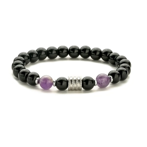 Men's natural tiger eye and amethyst bead bracelet with textured silver metal cylinder