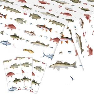 Fishing theme disposable party napkins with watercolor fish lures and hooks patterns