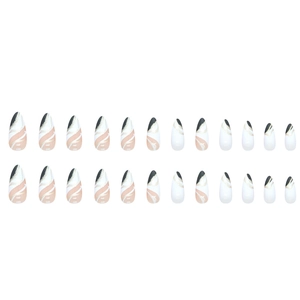Almond-shaped press-on nails set in black and white marble design with gold glitter