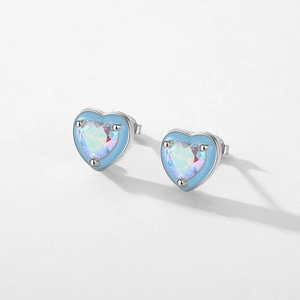 Elegant S925 silver heart stud earrings with blue enamel and iridescent zircon stones