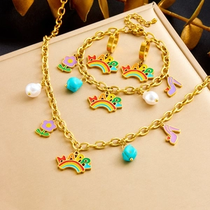 Stainless Steel Gold Plated Jewelry Necklace Bracelet Earrings Enamel Rainbow Happy Charm Faux Artificial Pearl Turquoise For Women