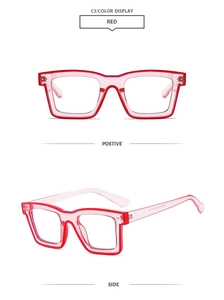 Detailansicht der roten quadratischen Brille mit Modell W18191 und CE-Zertifizierung marke