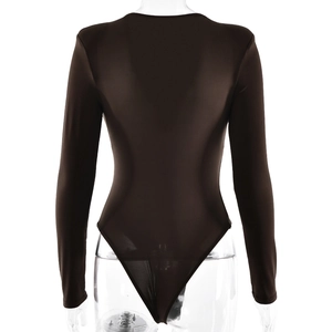 Back view of a sleek dark brown long-sleeve bodysuit with elastic slim fit and snap closure