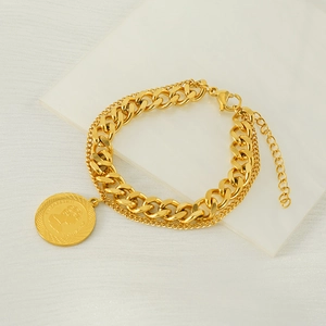 Gold double-layer titanium steel chain bracelet featuring an Elizabeth II coin pendant