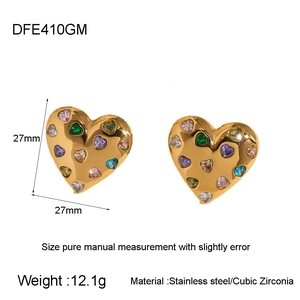 Detail view of 18k gold plated heart earrings with colorful cubic zirconia and dimensions